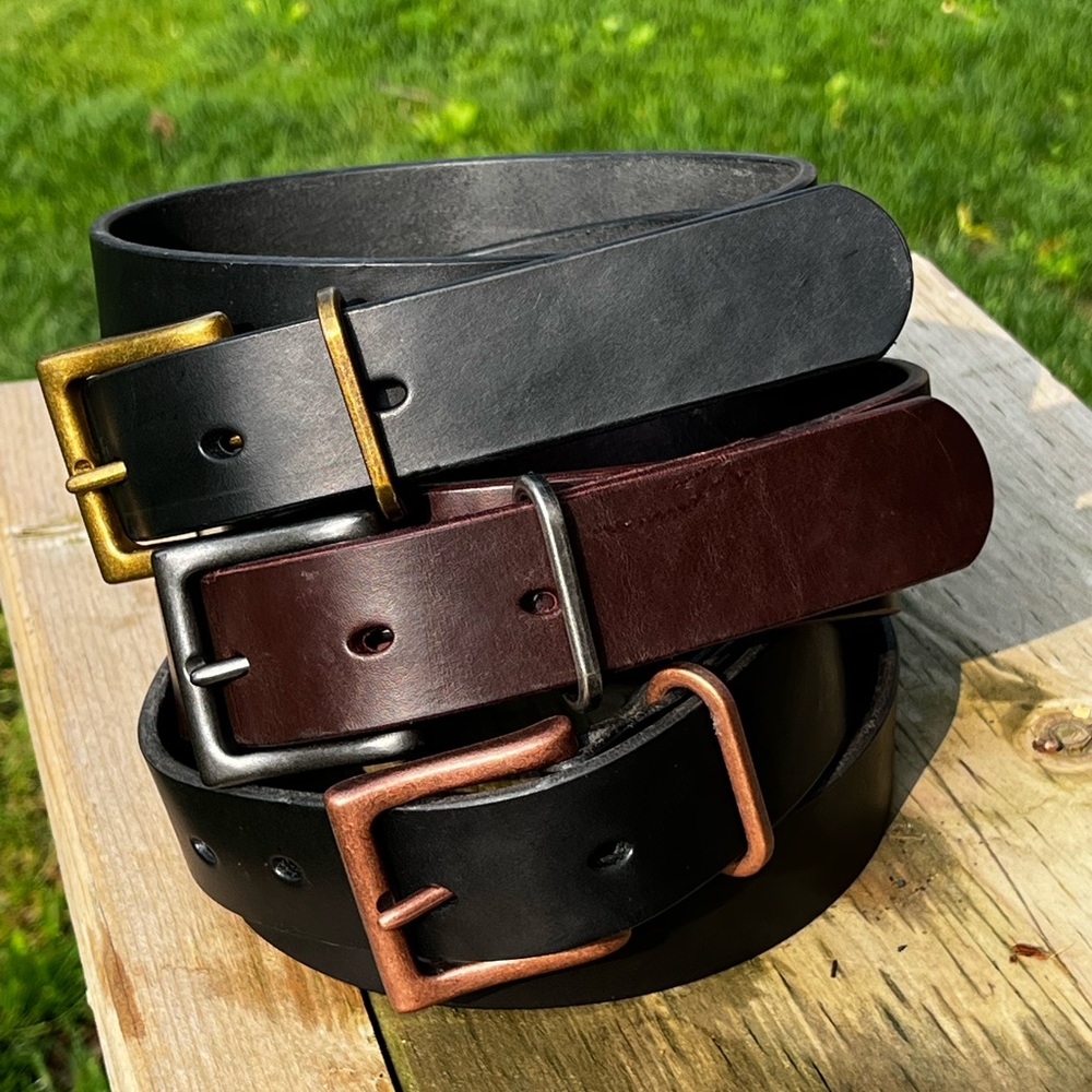 Small batch individually handmade 14oz leather belt. 1 1/4 and 1 1/2 inch width.